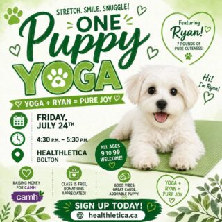 Join Ryan and Fiona for a gentle stretch yoga class on July 24th at 4:30PM raising funds for CAMH. 🐕🧘🏻‍♀️

This unheated class is designed to help you slow down, calm the mind and maybe have a puppy licking your ear. 🐶 Give yourself an hour just for you. 😌

The class is free, open to anyone 9 to 99 years old. If you can afford to Fiona is collecting donations for CAMH here:
fundraise.camh.ca/fundraisers/fionamacleod or in cash on the day. 

👉🏻 To reserve you spot register at healthletica.ca/events