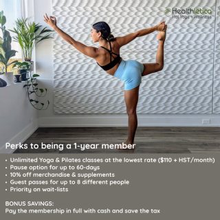 A Year of Movement, Mindfulness, and Momentum

Ready to settle into a routine that truly supports your body, your mind, and your long‑term wellbeing? Our 1‑year membership gives you the deepest savings and the most seamless access to your favourite classes — so you can show up consistently and feel your best.

Perks of being a 1‑year member 
• Unlimited Yoga and Pilates at our lowest rate ($110/month) 
• Pause your membership for up to 60 days 
• 10% off merchandise and supplements 
• Guest passes for up to 8 different people 
• Priority access on wait‑lists 

Build a year that feels grounded, energized, and fully supported. 

Start your journey at Healthletica.ca 💚

#Healthletica #Caledon #BoltonOntario #YogaCaledon #CaledonPilates
